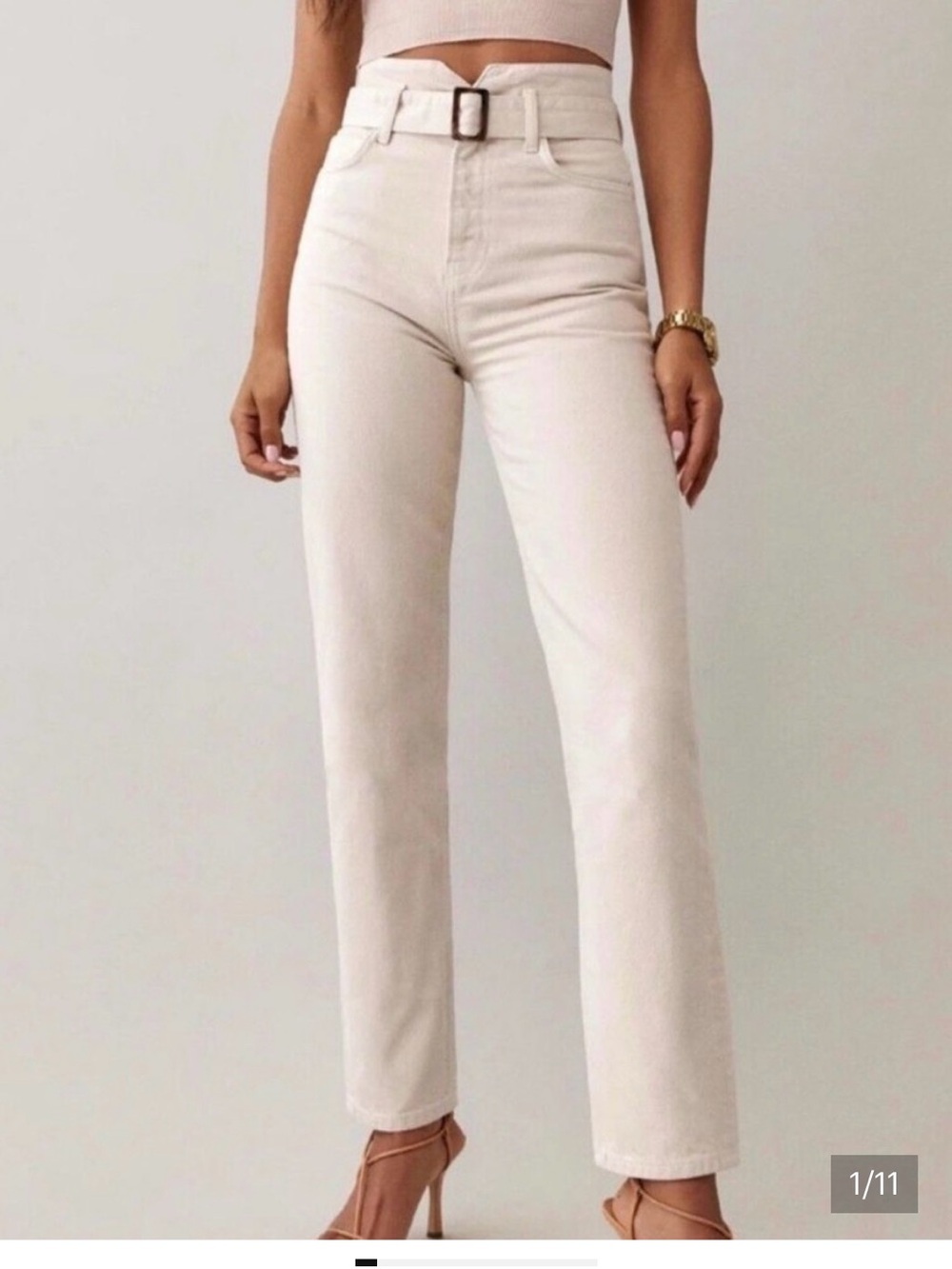 Reformation High-Rise Straight Jeans with Matching Belt - Cream
